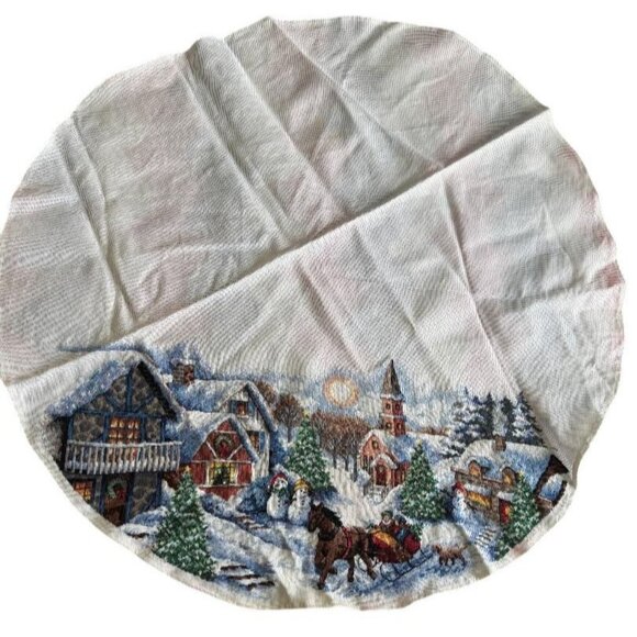 42" Round Tablecloth Needlepoint Handmade Winter Scene no stains - Picture 2 of 4